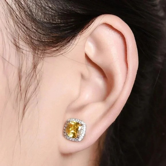 NEW 18k White Gold Citrine Diamond Halo Earrings - Picture 5 of 6